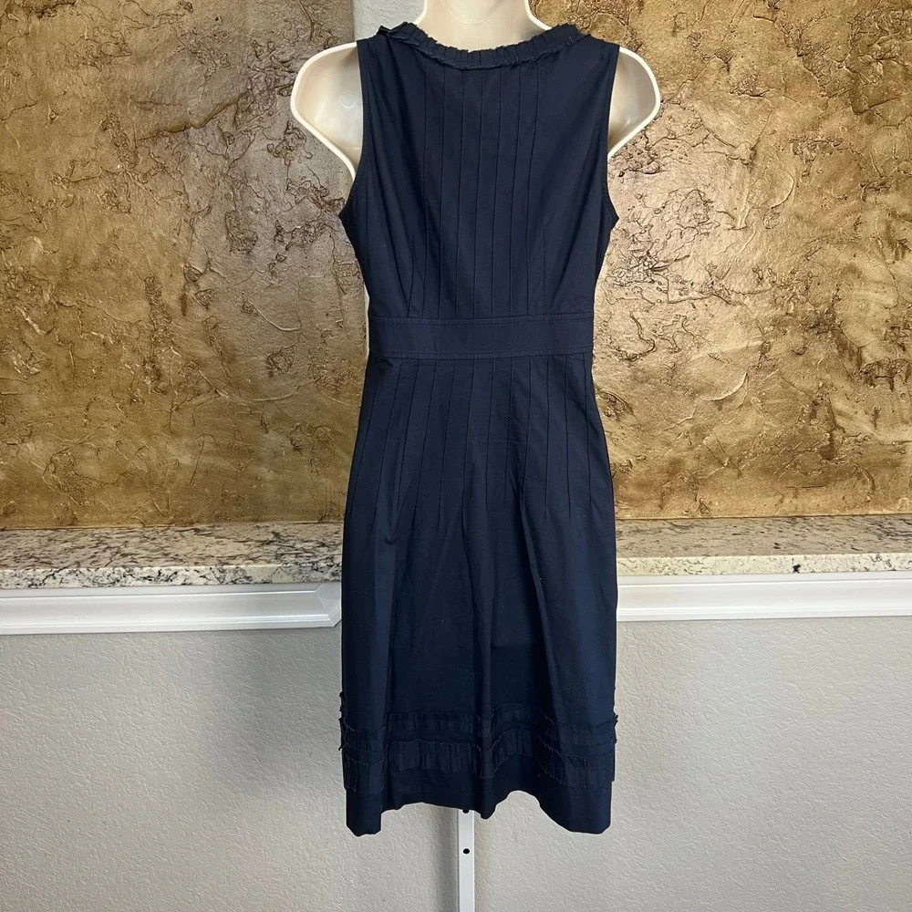 Tory Burch Pleated Sheath Dress Size 2 Navy Blue Sleeveless Ruffle Trim Preppy